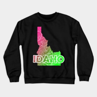 Colorful mandala art map of Idaho with text in pink and green Crewneck Sweatshirt